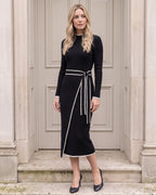 Black contrast-trim tie-waist knit midi dress