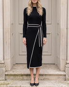 Black contrast-trim tie-waist knit midi dress