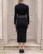 Black contrast-trim tie-waist knit midi dress