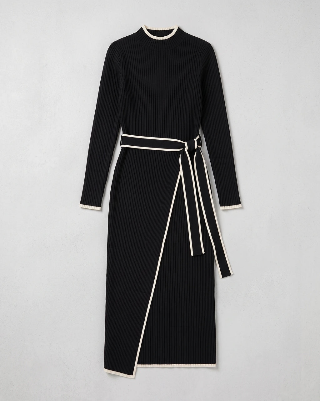 Black contrast-trim tie-waist knit midi dress