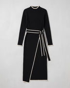 Black contrast-trim tie-waist knit midi dress