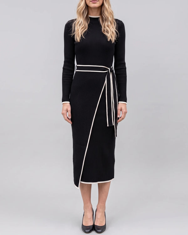 Black contrast-trim tie-waist knit midi dress