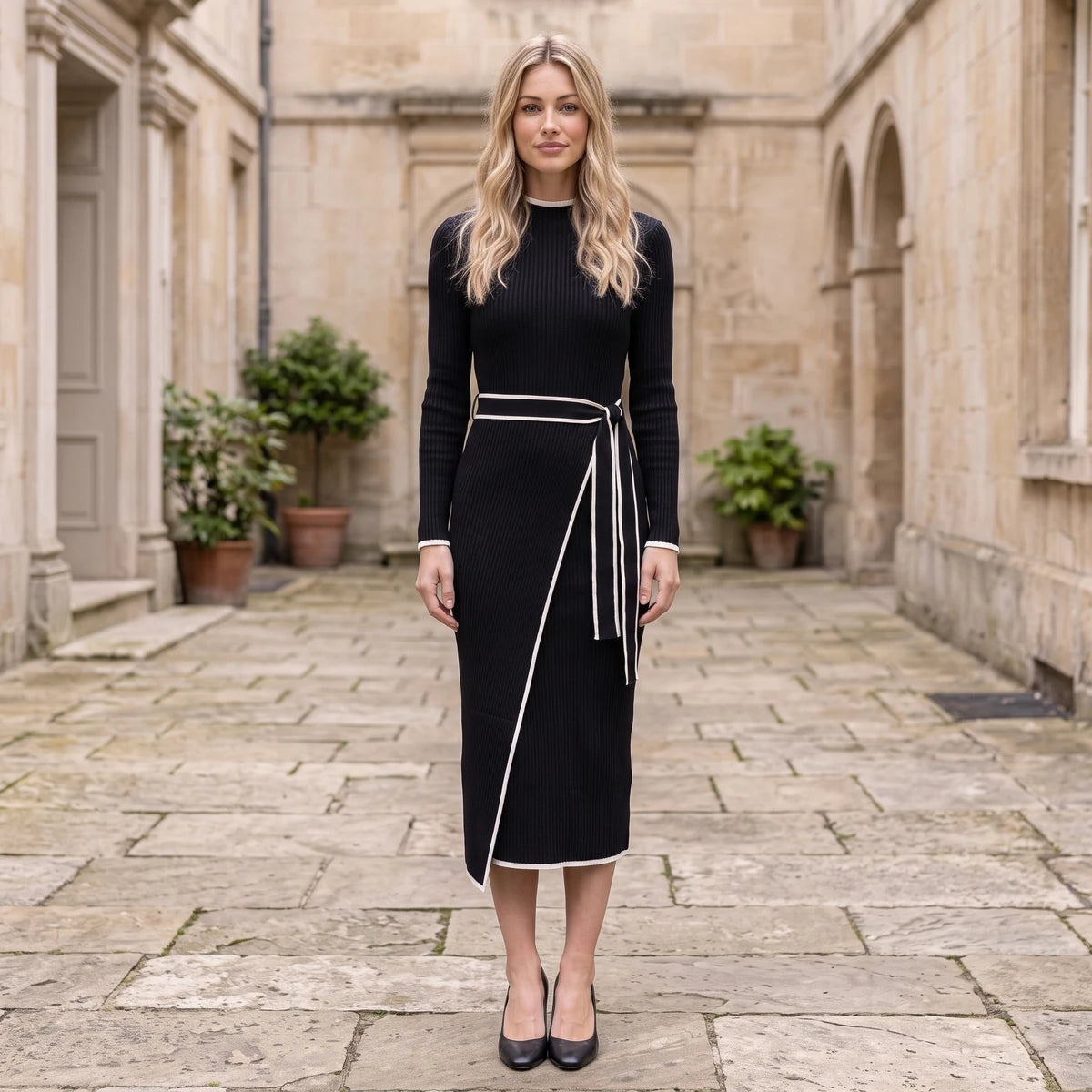 Black contrast-trim tie-waist knit midi dress