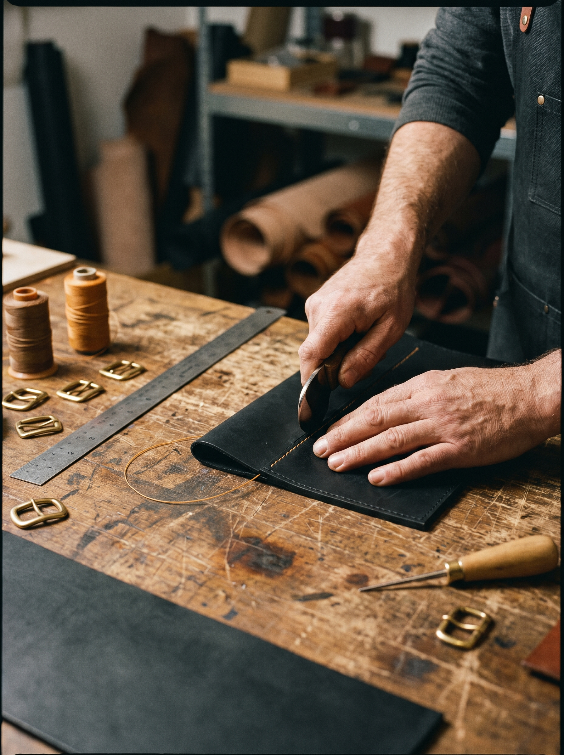 Leatherworker cutting and stitching black leather at a workbench