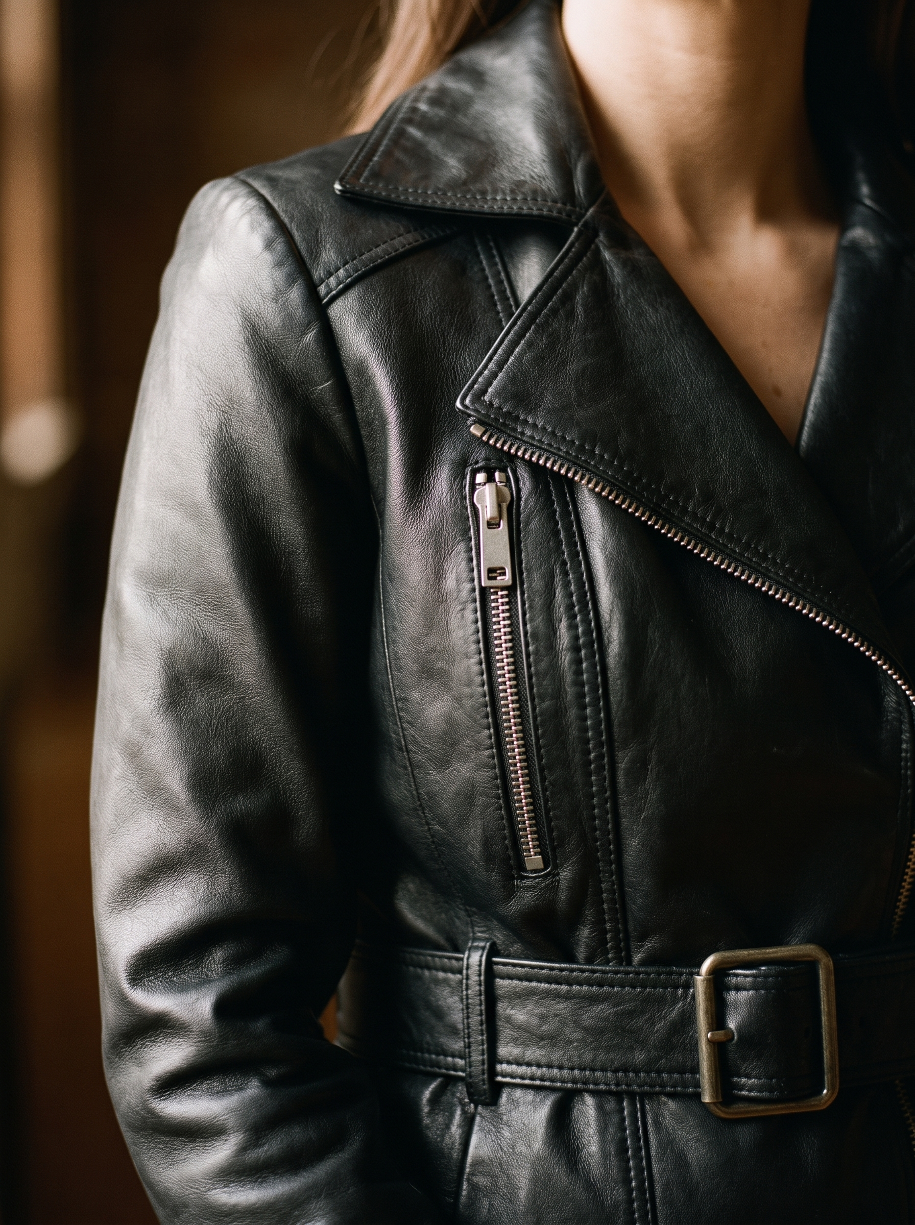 Close detail of leather grain, stitching and buckle on a moto jacket