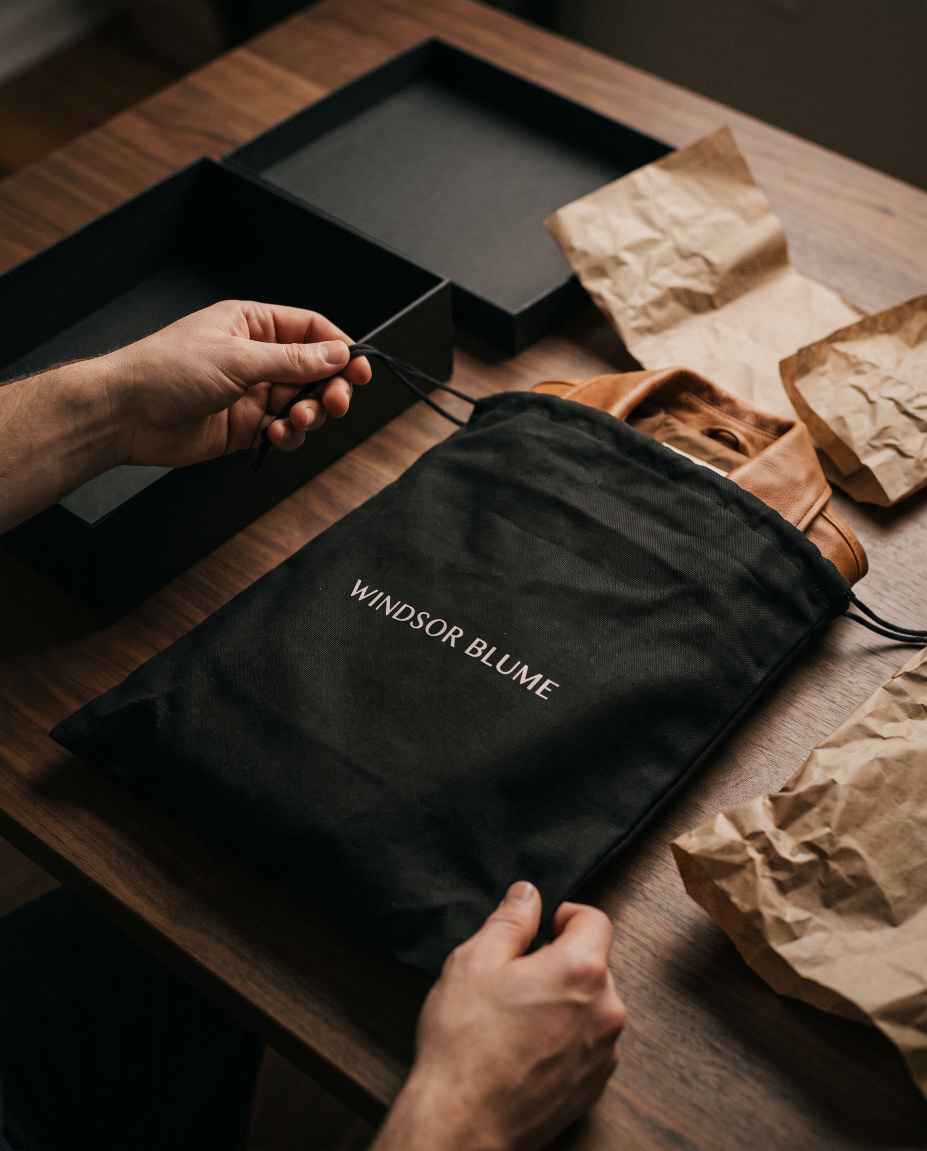 Hands untying a black Windsor Blume dust bag beside an open black gift box, tan leather jacket peeking out