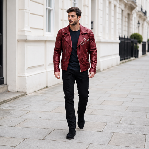 Men's Asymmetric Faux Leather Biker Jacket with Quilted Shoulders — Red — Full-body front