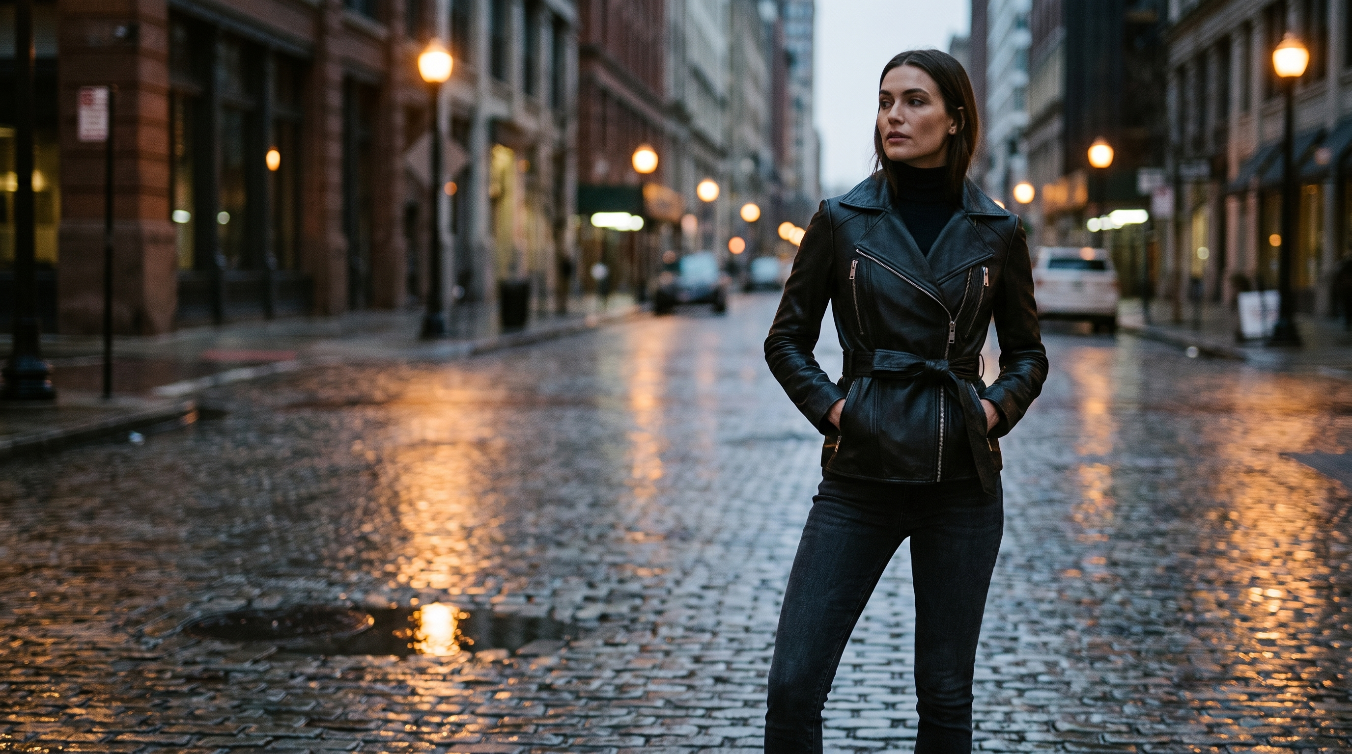 Model in a black leather moto jacket on a city street at dusk