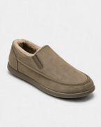 Khaki plush-lined slip-on shoes — front three-quarter view