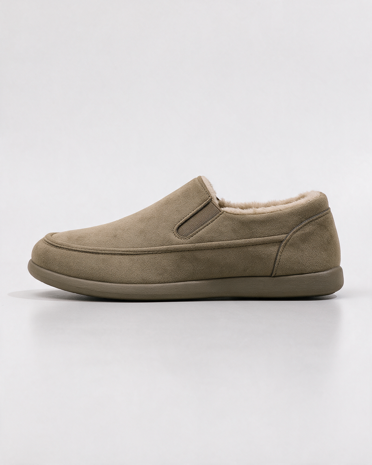 Khaki plush-lined slip-on shoes — side profile