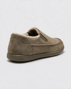 Khaki plush-lined slip-on shoes — rear view
