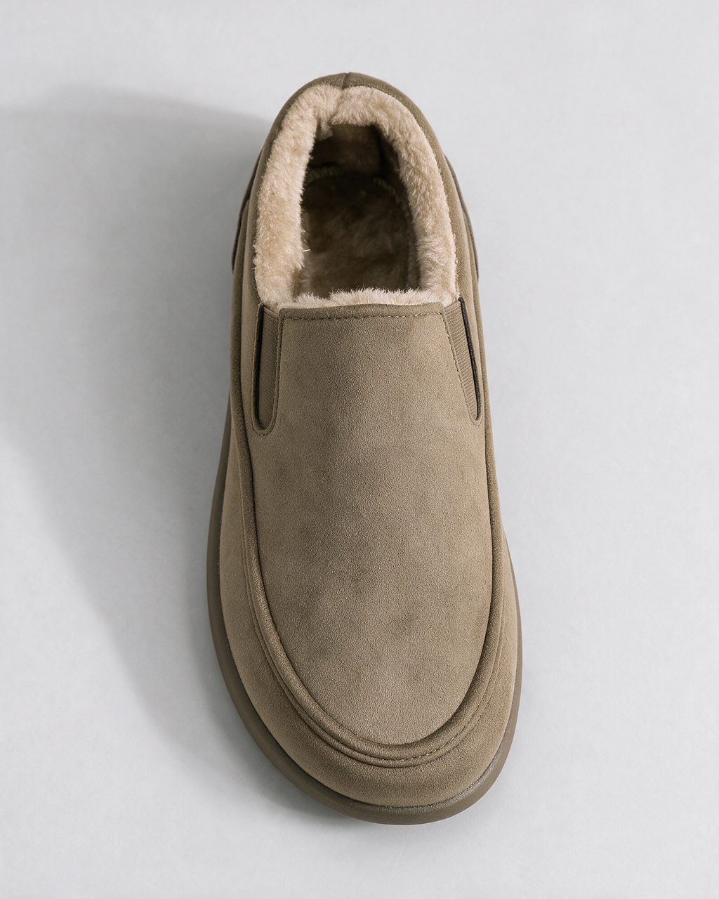 Khaki plush-lined slip-on shoes — top view