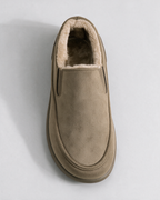 Khaki plush-lined slip-on shoes — top view