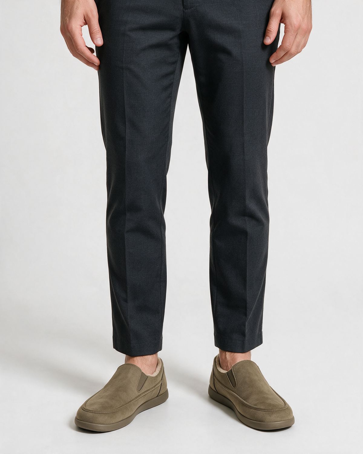 Khaki plush-lined slip-on shoes — worn with trousers