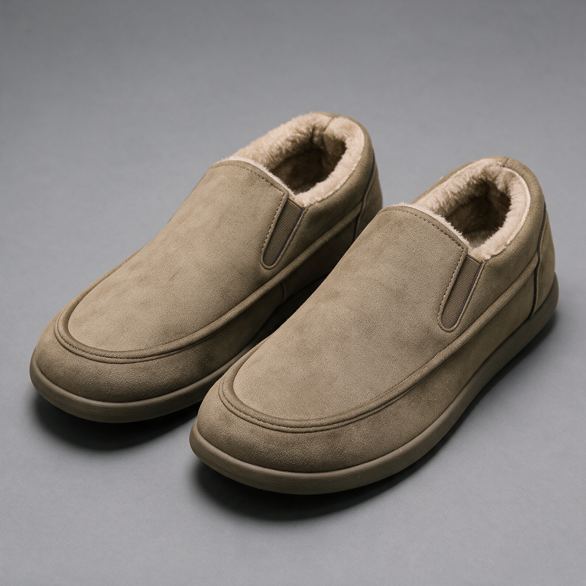 Khaki plush-lined slip-on shoe detail