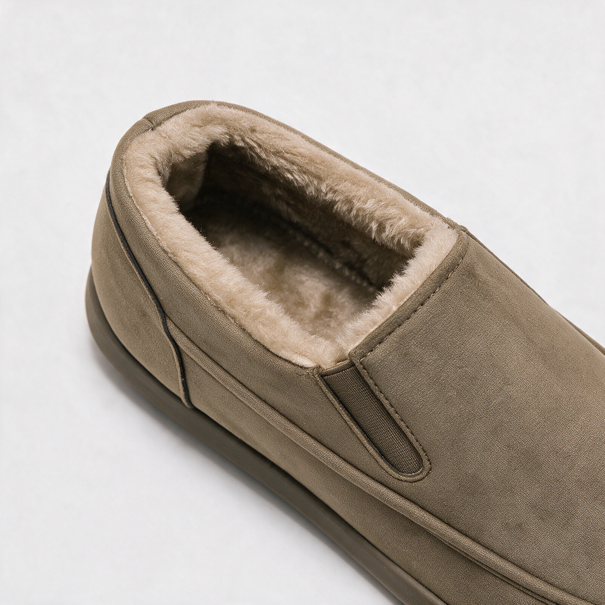 Khaki plush-lined slip-on shoe detail