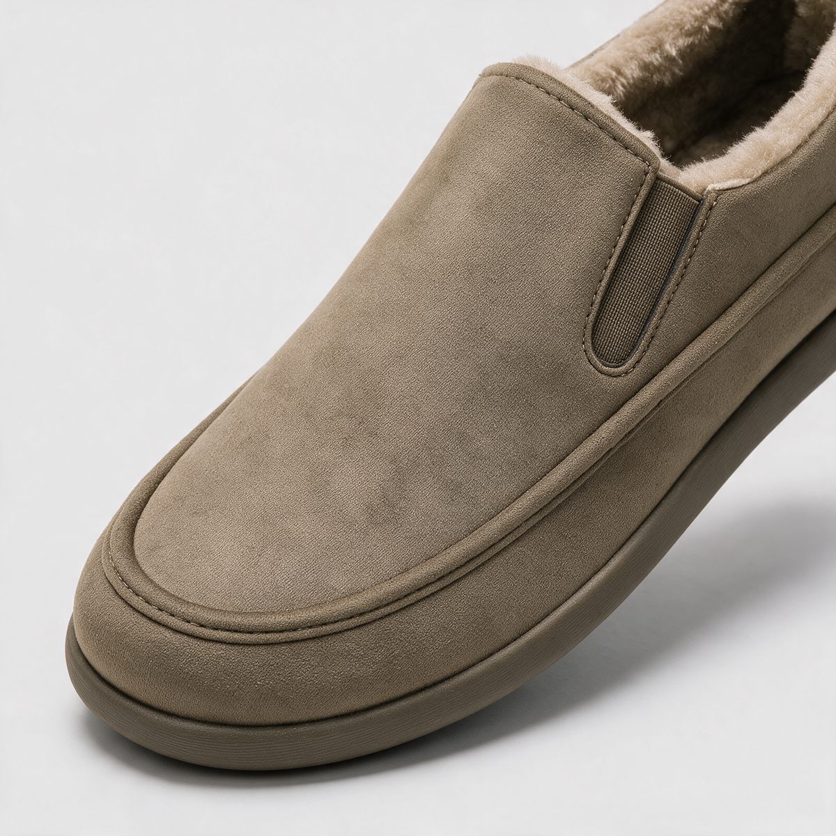 Khaki plush-lined slip-on shoe detail