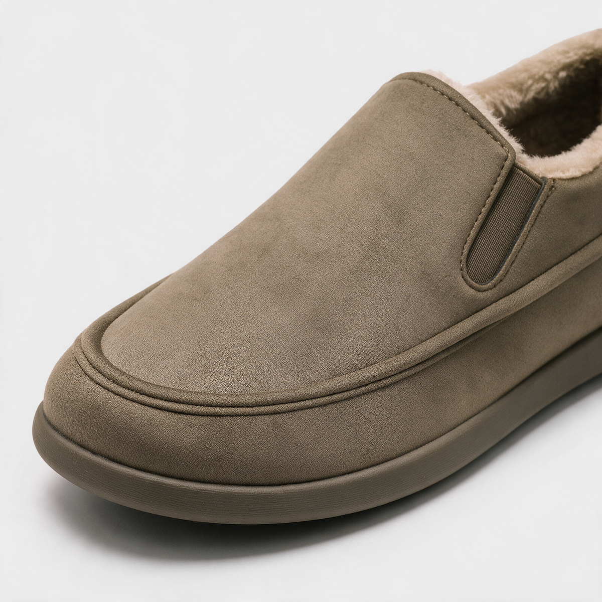 Khaki plush-lined slip-on shoe detail