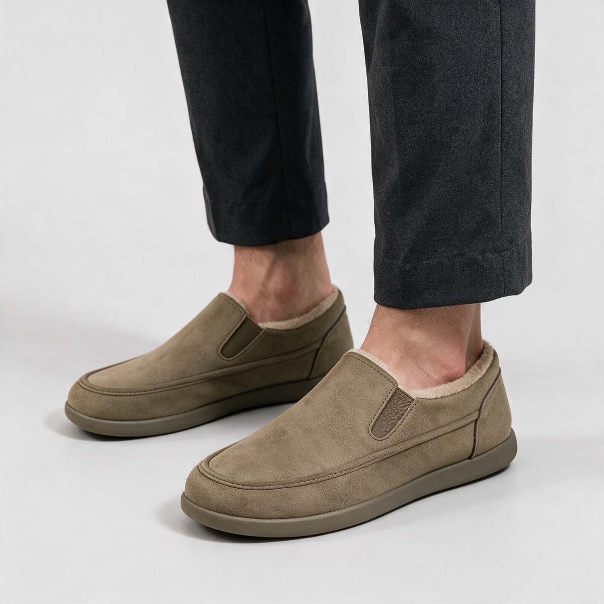 Khaki plush-lined slip-on shoe detail