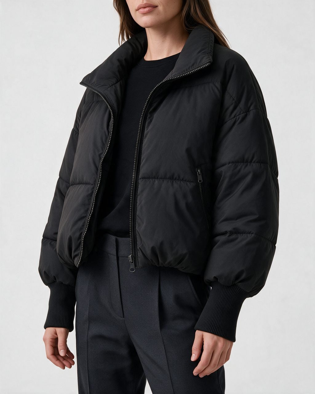 Black short puffer jacket lifestyle