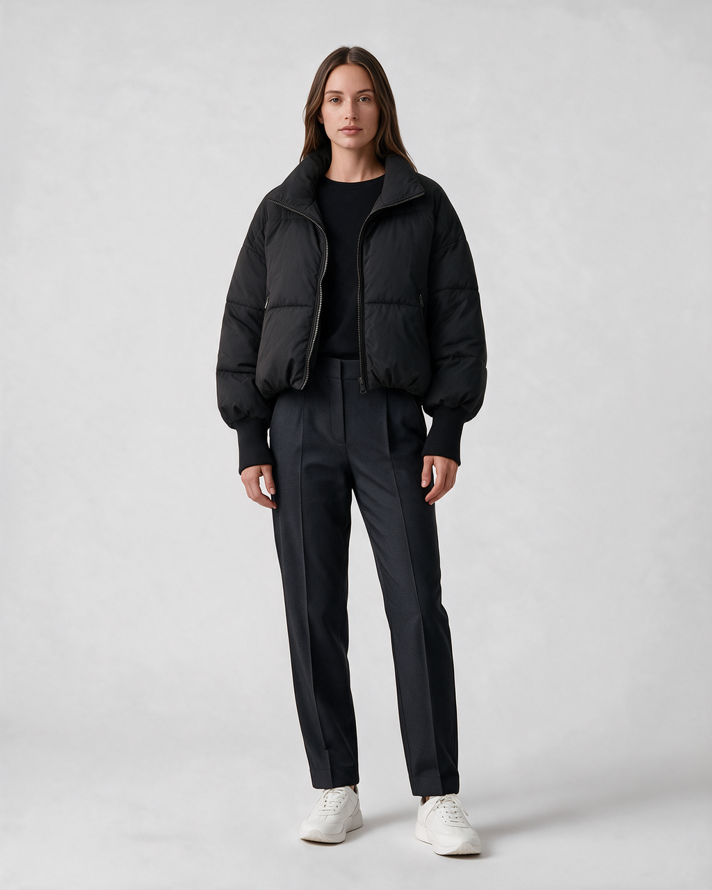 Women's Black padded stand-collar jacket, full-length front view
