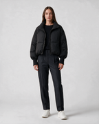 Women's Black padded stand-collar jacket, full-length front view