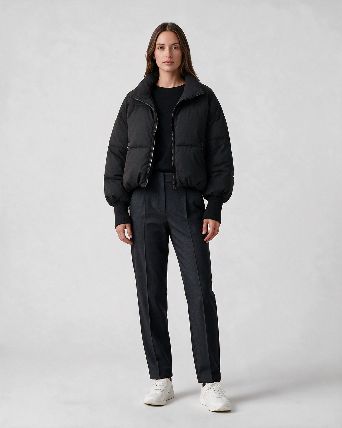Women's Black padded stand-collar jacket, full-length front view
