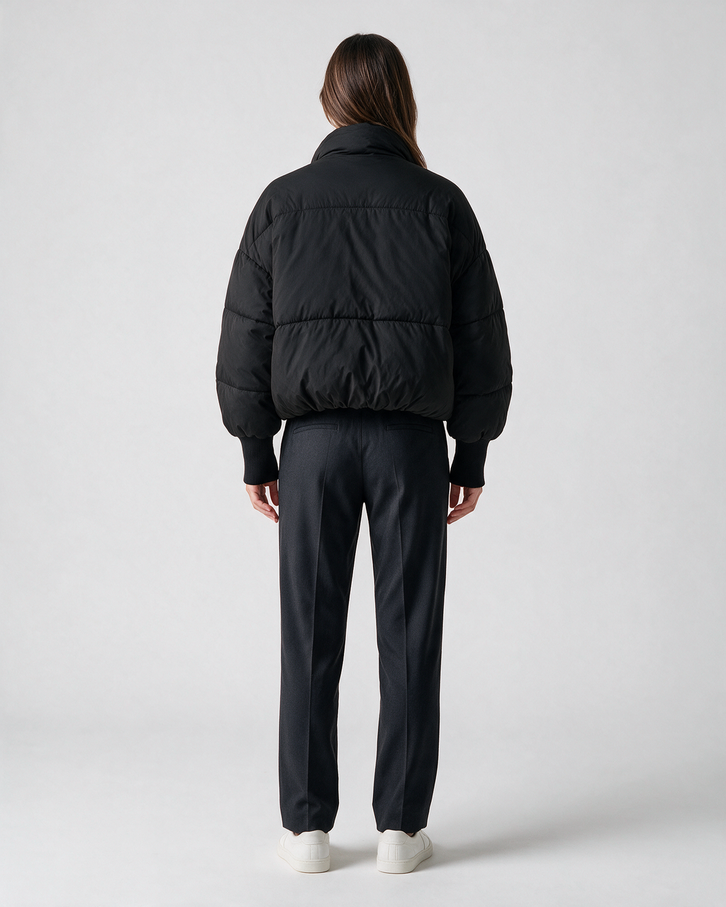 Women's Black padded stand-collar jacket, full-length rear view