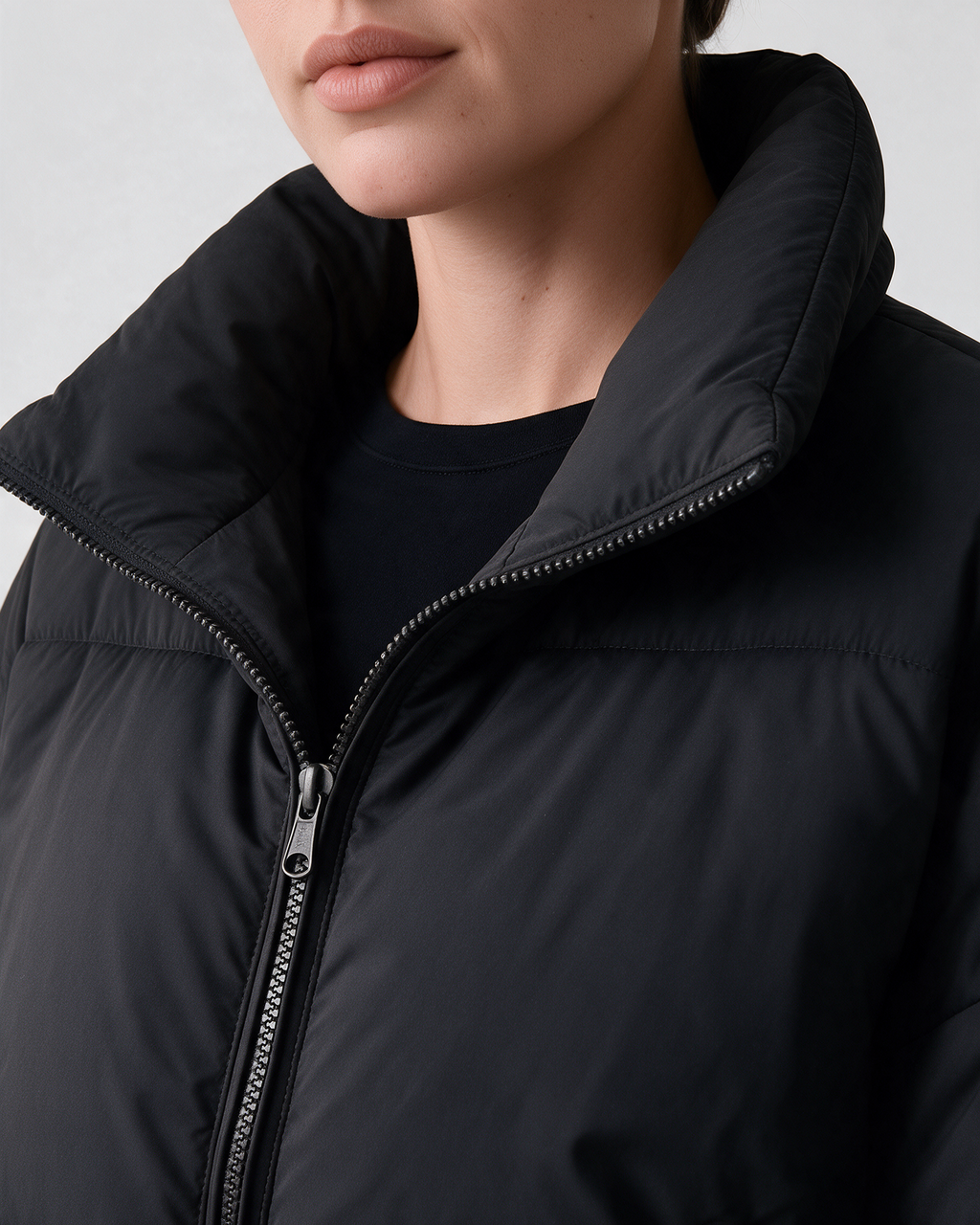 Women's Black padded jacket, stand collar and zipper detail