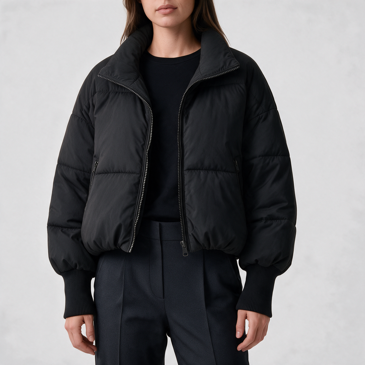 Black quilted jacket relaxed silhouette