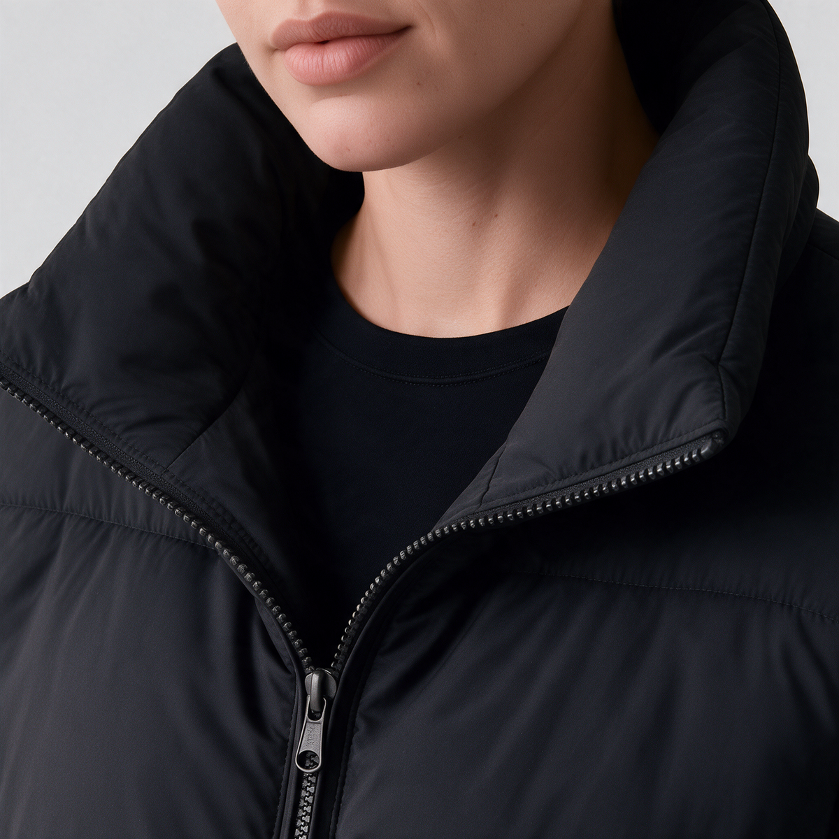 Black padded jacket stand collar detail