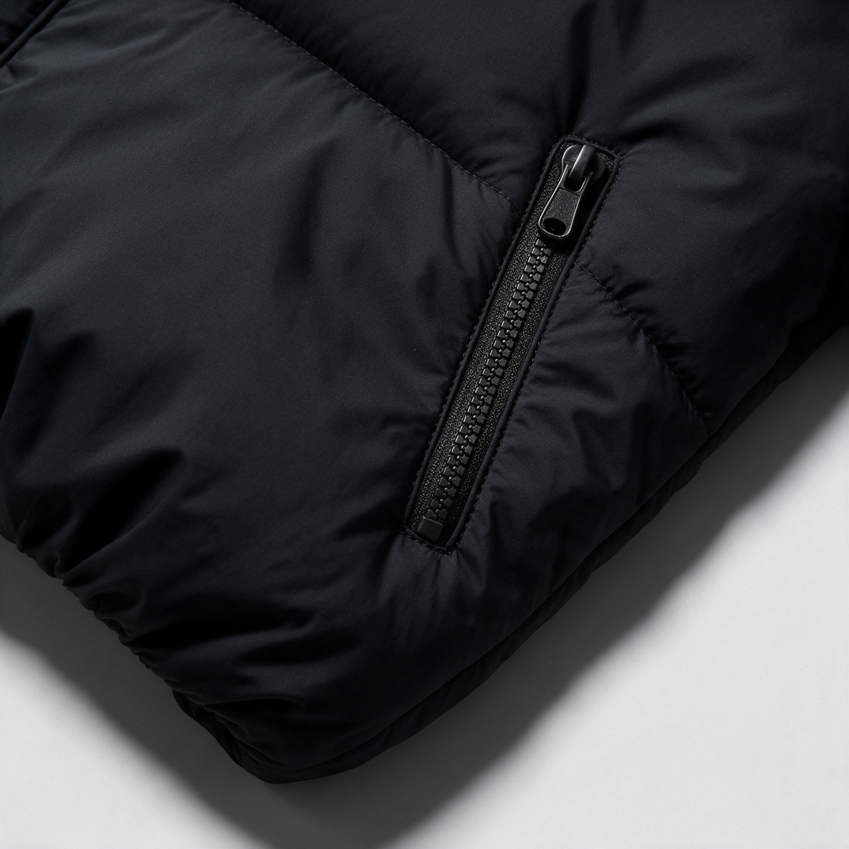 Black quilted jacket zip pocket detail