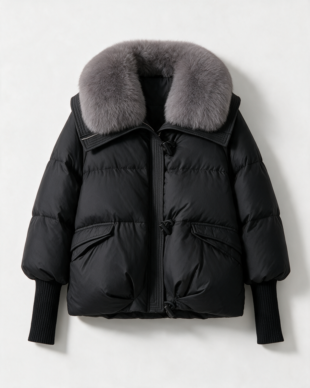 Black fur-collar puffer jacket front