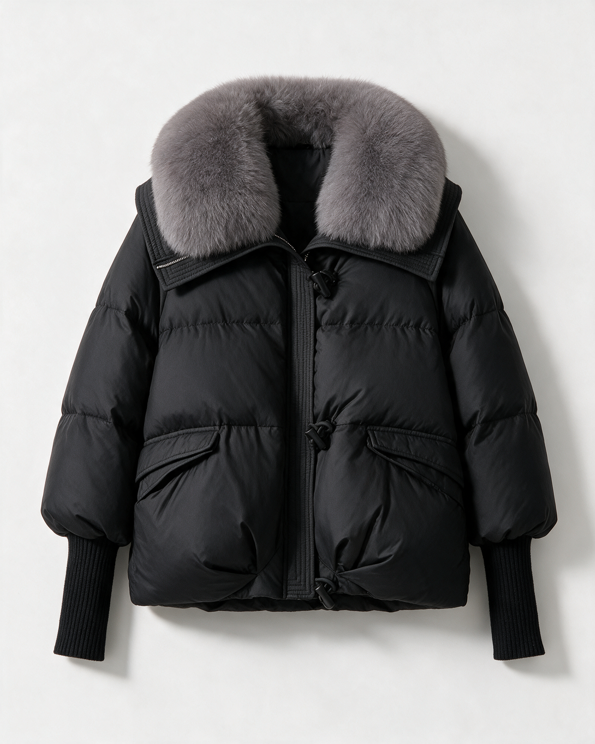 Black fur-collar puffer jacket front