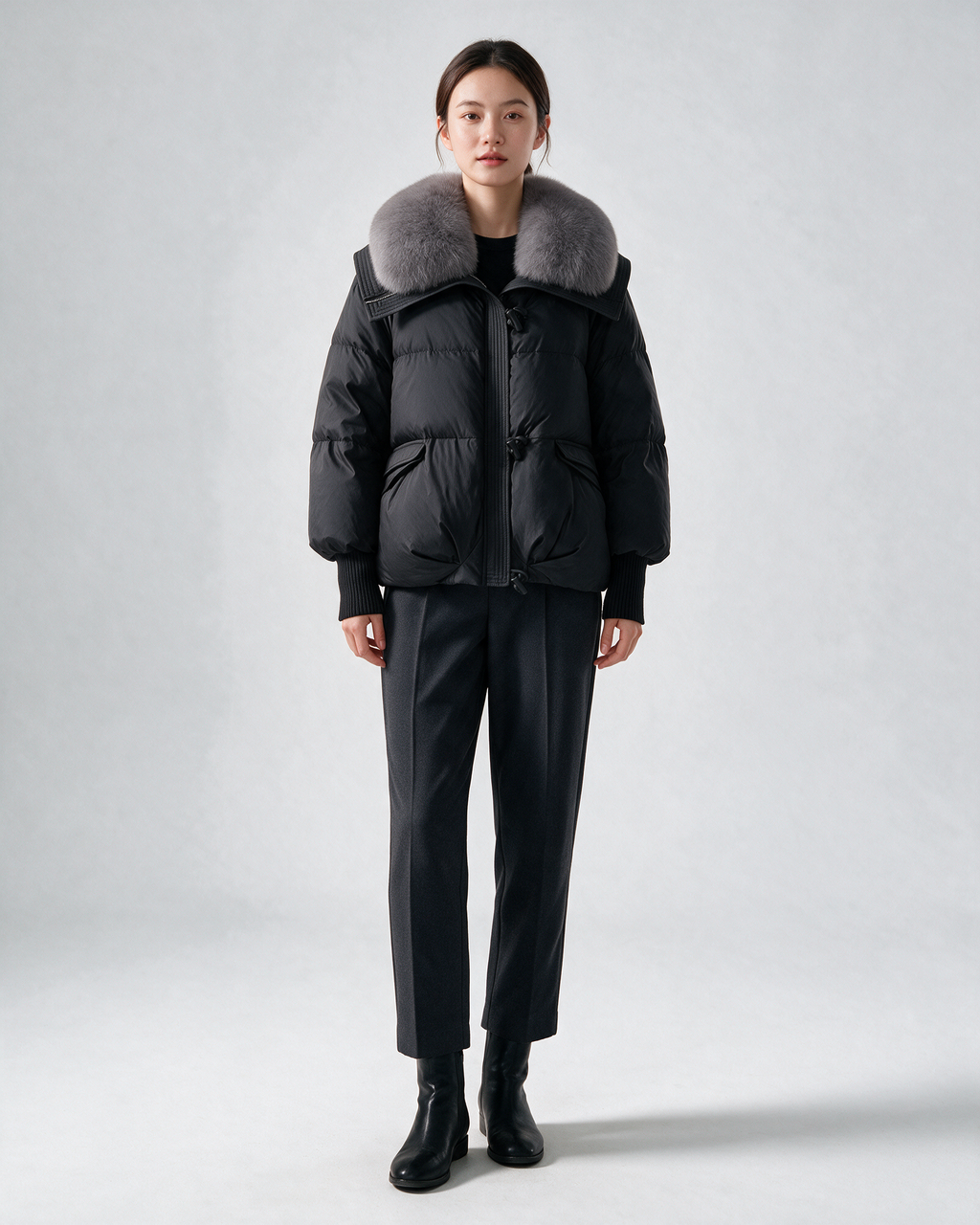 Black padded jacket, full front view with tailored trousers.