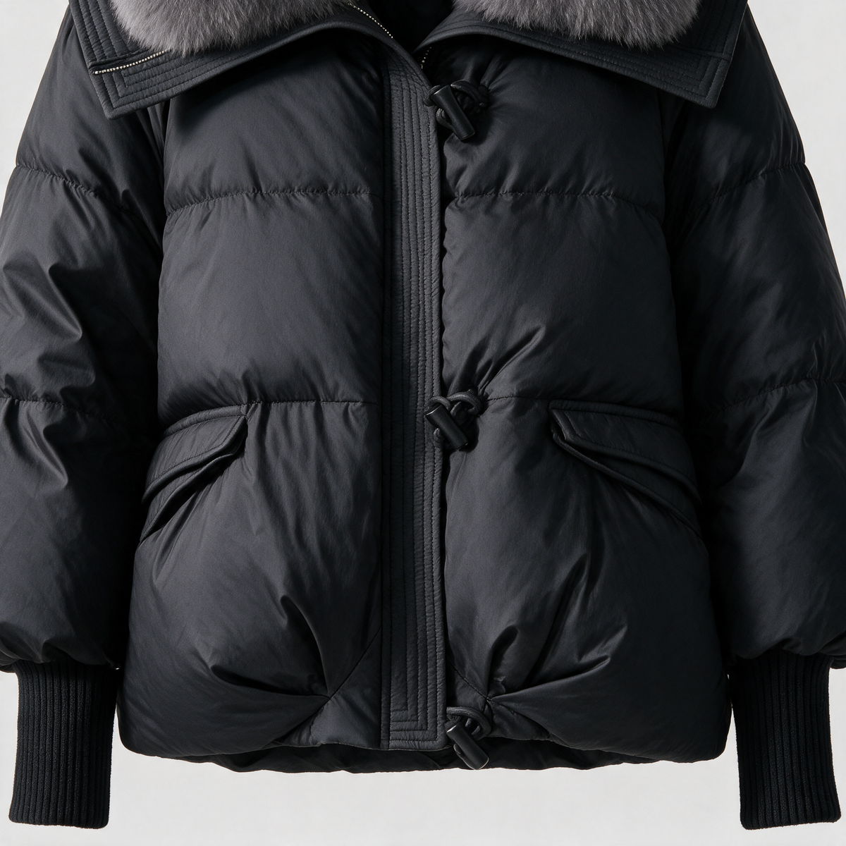 Black jacket front fastenings