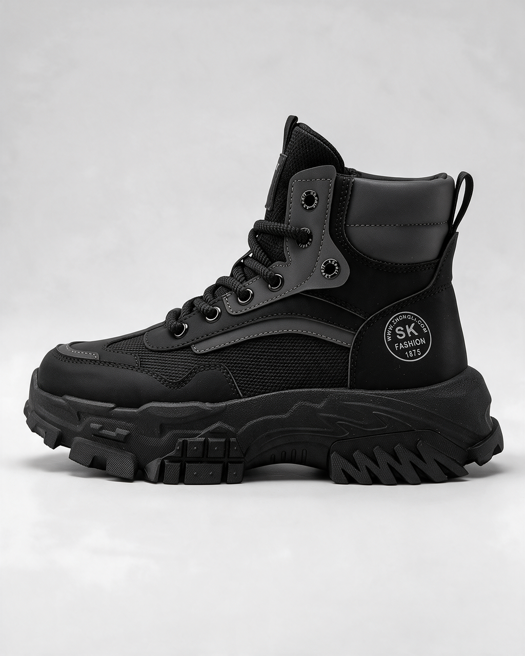 Black mesh-panel lace-up boot — hero