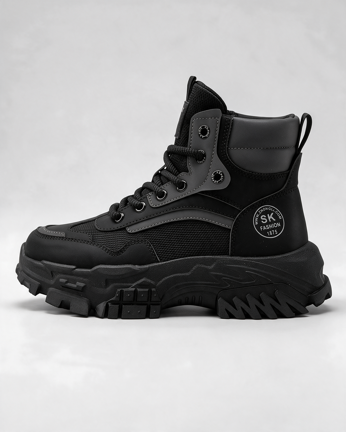 Black mesh-panel lace-up boot — hero