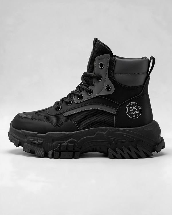 Black mesh-panel lace-up boot — hero