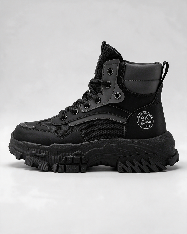 Black mesh-panel lace-up boot — hero