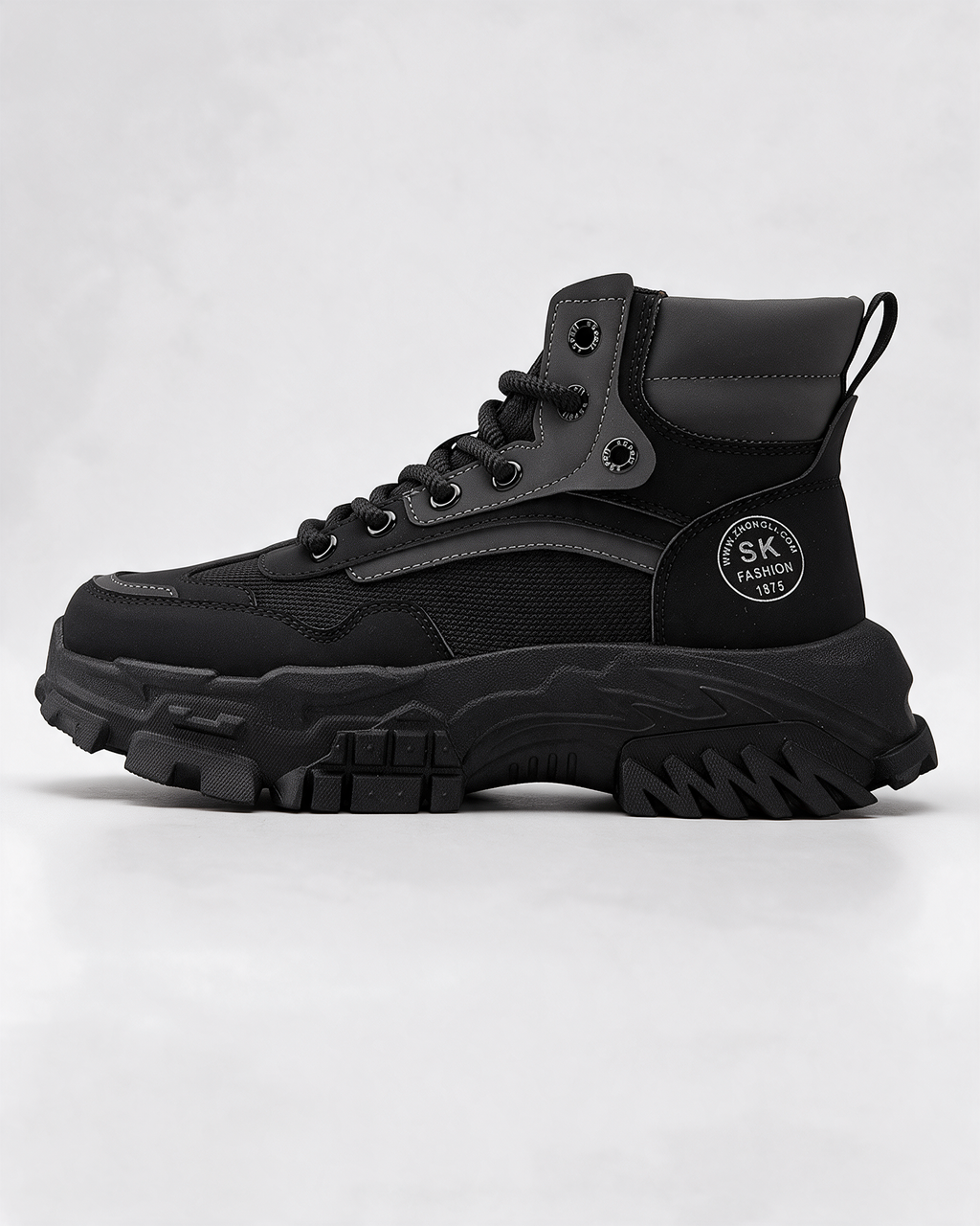 Black mesh-panel lace-up boot — side profile