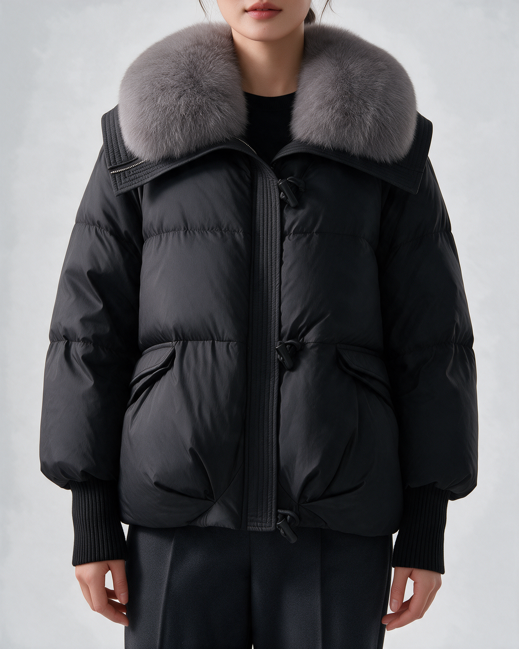Black plush-collar quilted puffer jacket — front lifestyle view