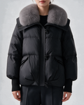 Black plush-collar quilted puffer jacket — front lifestyle view