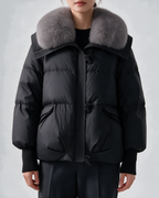 Black plush-collar quilted puffer jacket — front lifestyle view