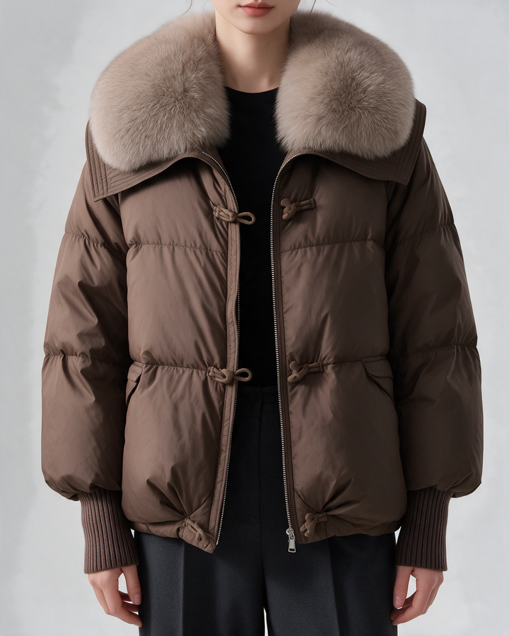Coffee plush-collar quilted puffer jacket — front lifestyle view