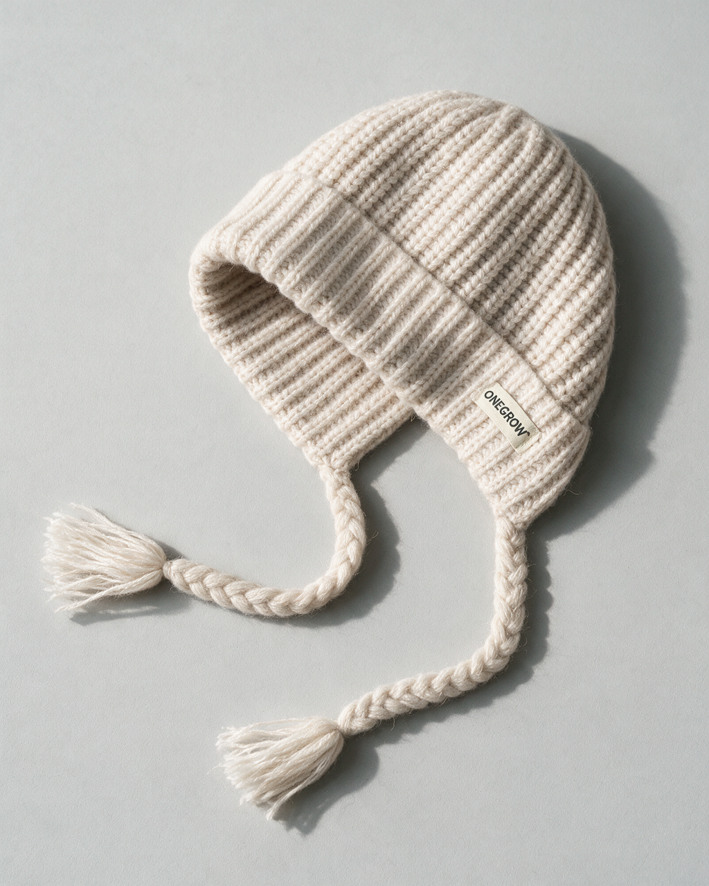Women's knit earflap hat with braided ties — Off-White, product-only view