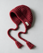 Women's knit earflap hat with braided ties — Red, product-only view