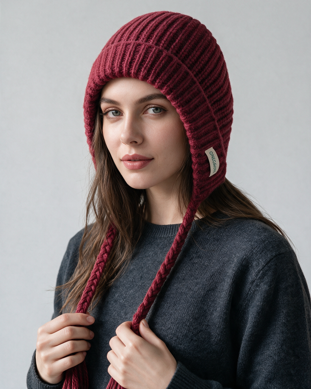 Women's knit earflap hat with braided ties — Red, on model, front view
