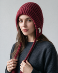Women's knit earflap hat with braided ties — Red, on model, front view
