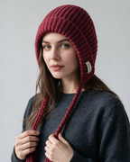 Women's knit earflap hat with braided ties — Red, on model, front view